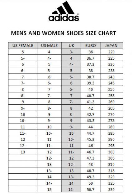 adidas sneakers size chart